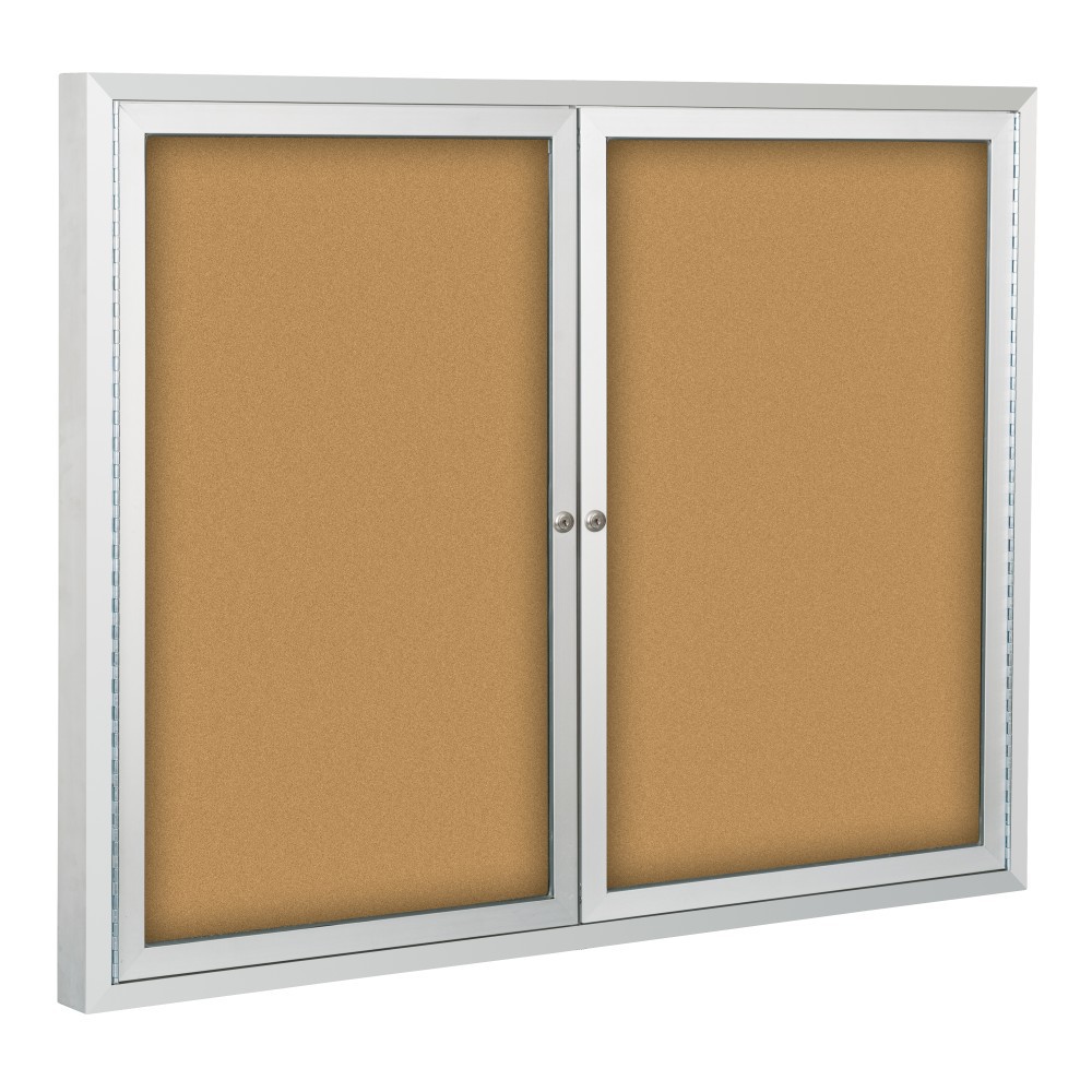 An enclosed bulletin board tackboard is displayed with two doors.