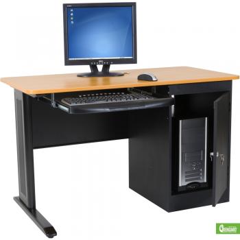 A single person computer workstation is displayed with a black frame and natural wood laminate top with a computer CPU and monitor.