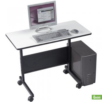 A compact desk for personal computer with a black base and light gray frame are displaced.
