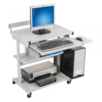 A grey compact desk is displayed with a CPU, keyboard and monitor.