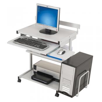 A grey computer desk is displayed with a CPU, keyboard printer and monitor.
