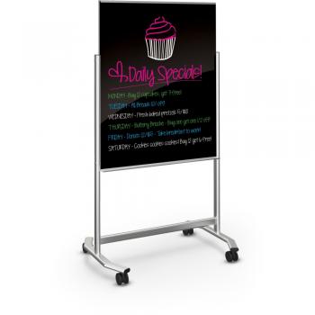 A double sided glass blackboard markerboard easel is displayed/