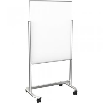 A rolling dry erase board is displayed in a classroom.