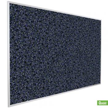 A wall mounted black cork board is shown from a side view.