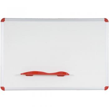The porcelain steel dry erase whiteboard is shown in red. It features a magnetic removable accessory tray.