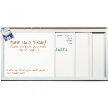 A magnetic sliding dry erase board with four individual boards is shown.