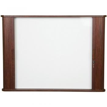 An elegant dry erase white board with sliding door cabinets on both sides. Available in an oak or mahogany finish.