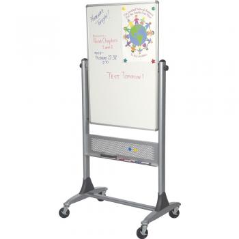 A rolling dry erase board with wheels.