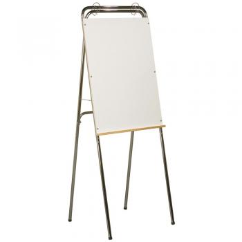 A freestanding dry erase whiteboard on an easel features flip book rings at the top and is lightweight and folds for easy storage.
