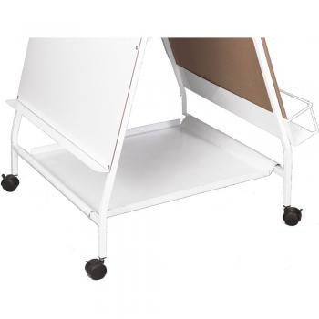 A dry erase board and easel features a botton shelf for storage.
