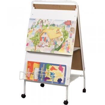 A dry erase board and easel is displayed with books.