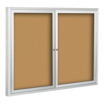 A double door community bulletin board that has a tumbler lock  that keeps you documents secure.