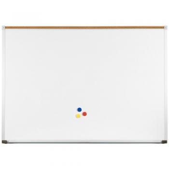 A magnetic dry erase best rite whiteboard with aluminum frames and full length accessory tray.
