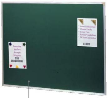 A green magnetic school blackboard with aluminum trim is shown holding up two photographs with magnets.