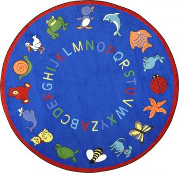 A blue, circle shaped ABC carpet for classrooms.