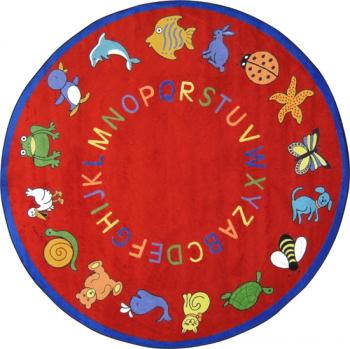A red, circle shaped ABC carpet for classrooms.