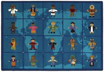 A view of the front of the kids rug depicting children from around the world and their cultural information