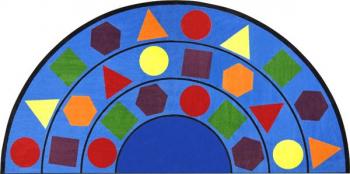 A half circle shaped kids carpet rug with shapes for a classroom is displayed.