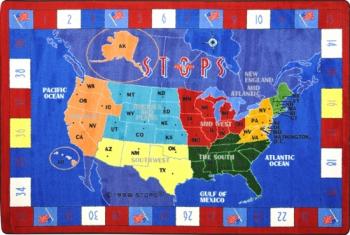 A rectangle shaped United States Map childrens rug for a classroom is displayed.