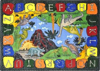 A dinosaur alphabet rug for a classroom is displayed.