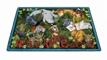 A wild about books rectangular school carpets rug is displayed.