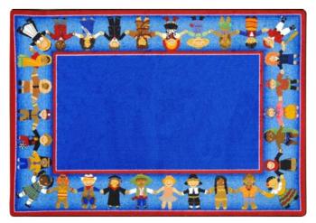 A rectangular blue rug for children is displayed.