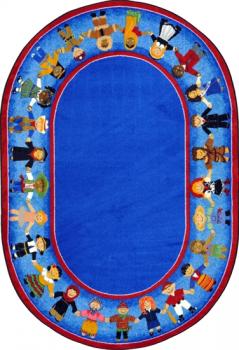 A blue oval rug for children is displayed.