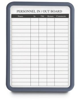 This in and out white board features bold typing and a dry erase board, making keeping track of attendance simple.
