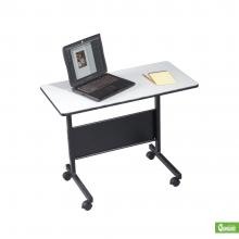 A compact desk for laptop computer with a black base and light gray frame are displayed.