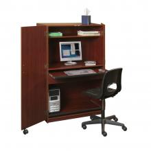 A computer desk hutch is displayed with a computer and desk chair.