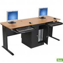 A two-person computer workstation is displayed with a wood laminate top.