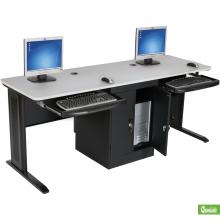 A two-person computer workstation is displayed with a grey top.