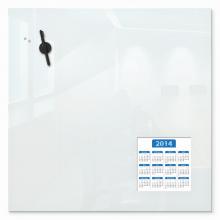 A magnetic glass whiteboard is displayed. in an office.