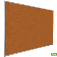 This is a red aluminum framed cork board for wall mounting.