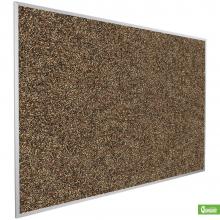 A brown colored cork board in an aluminum frame is shown.
