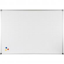 Displayed is a PVC coated steel magnetic wall mounted dry erase whiteboard with red, blue and yellow magnets on the lower right corner or the whiteboard, which is embedded with a silver grid. 