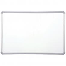 Displayed is a magnetic PVC coated steel marker board with an aluminum frame and safety corners. Available in many sizes.