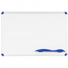 The magnetic dry erase whiteboard is shown. It is constructed of porcelain steel and doubles as a magnetic bulletin board.