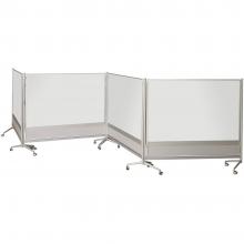 Several porcelain steel magnetic dry erase whiteboards are shown attached together as a room divider