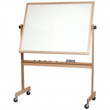 A free standing wooden framed whiteboard on casters.