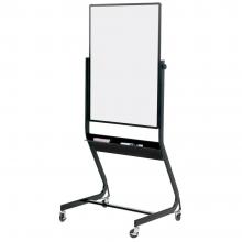 A small, double-sided whiteboard with a black rolling frame.
