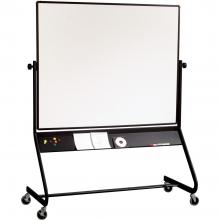 A large, black trim, rollable whiteboard displayed.