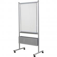  A view of the free standing magnetic white board in melamine and with an aluminum frame is shown with locking casters.