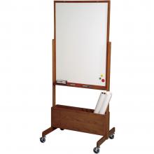 The easel for the dry erase whiteboard features an accessory tray and a wooden frame. The wooden frame comes in two finishes and multiple units nest together for easy storgae.