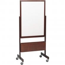 A rolling whiteboard, either melamine or porcelain covered steel, stands on a solid wooden easel on 3 inch casters.