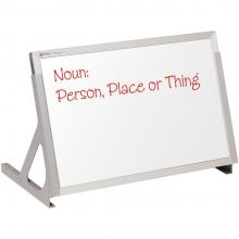 This free standing desktop dry erase magnetic white board has adjustable legs for tabletop display and easy storage. The reverse side of the board is hook and loop fabric.