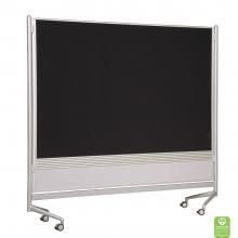 A dry erase display board room divider with hook and loop fabric.
