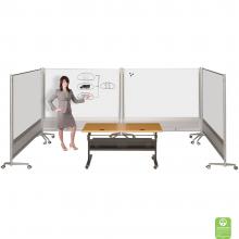 Magnetic whiteboard room dividers are assembled in a classroom.