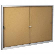 The cork board display is pictured in an aluminum frame.