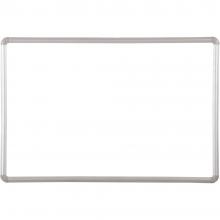 This dry erase magnetic white board also serves as a magnetic bulletin board.